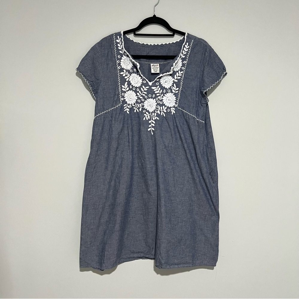 Abrazo Blue Mariano Chambray White Embroidery Shift Dress Size L - Picture 9 of 13
